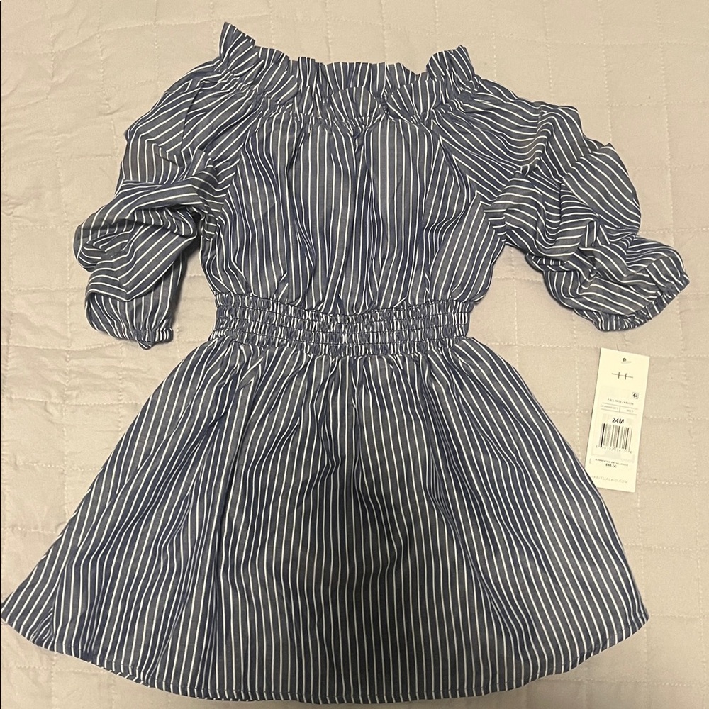 NWT Habitual Baby Girl Navy and White Striped Off-Shoulder Dress 24M